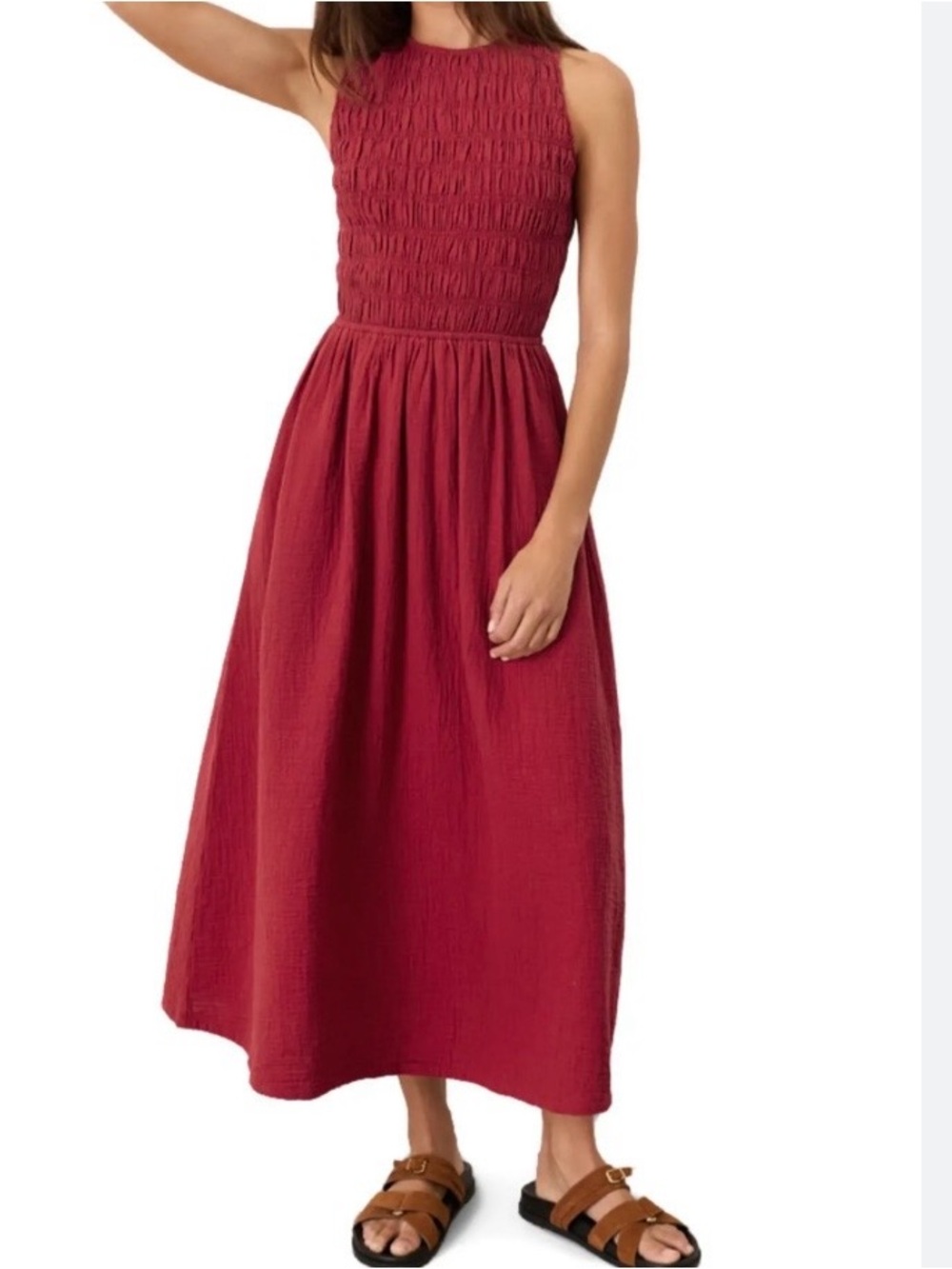 EUC Pact Smocked Bodice Sleeveless Midi Dress in Red